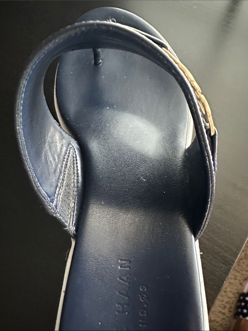 Cole Haan blue leather sandals with gold logo accent and cork souls, size 7 - Picture 6 of 7